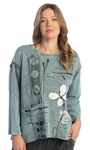 Sketch Floral Mineral Washed Drop Shoulder Top