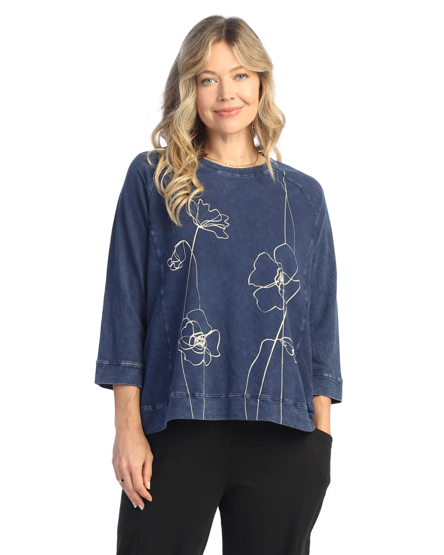 Indigo Floral Sketch Mineral Washed French Terry Top